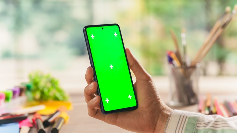 Creative Scholar Checking a Social Network Post on Smartphone with Mock Up Green Screen Chromakey Display. Photo Template with Placeholder for Artistic Design Advertising and Motivational Content