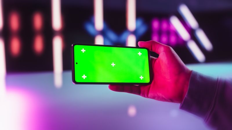 Gamer Person Checking a Social Network Post on Smartphone with Mock Up Green Screen Chromakey Display. Person Holding Cellphone Horizontally in a Futuristic Neon Room, Streaming Entertainment Content
