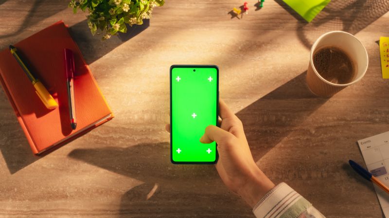 Business Manager Scrolling Through Apps on Smartphone with Green Screen Chromakey Mock Up Display in a Creative Workplace. Photo Template with Isolated Placeholder for Digital Marketing Demo